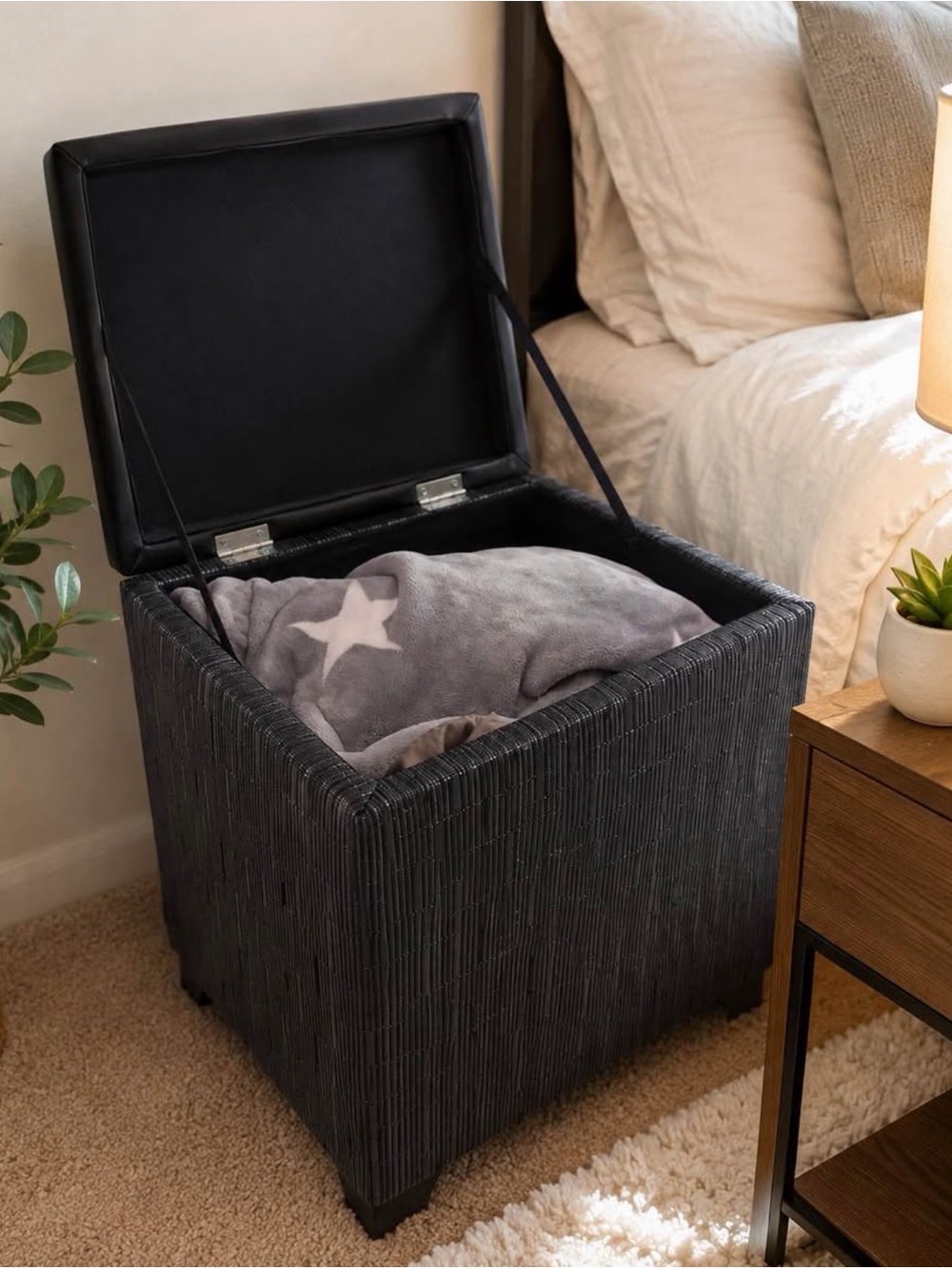 Black Woven Storage Ottoman with Lift-Top